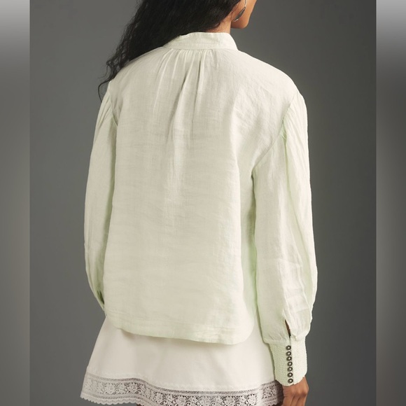 By Anthropologie Linen Long-Sleeve Blouse Mint NWT Size Large Petite - Picture 7 of 9